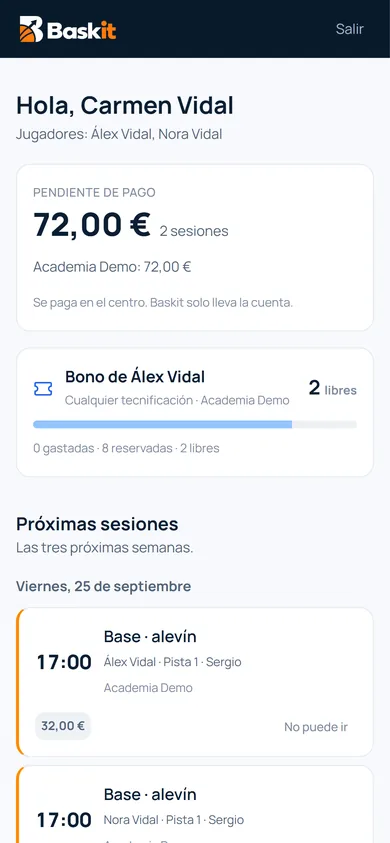 Vista de la familia: próximas sesiones, lo pendiente y el bono