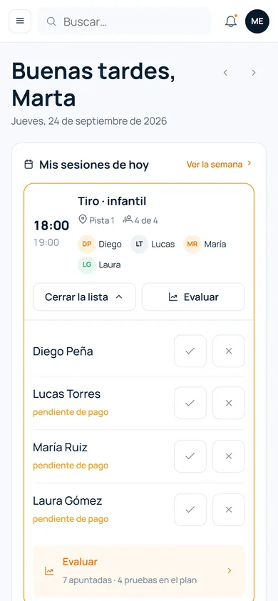Vista del tecnificador: sus sesiones de hoy y pasar lista